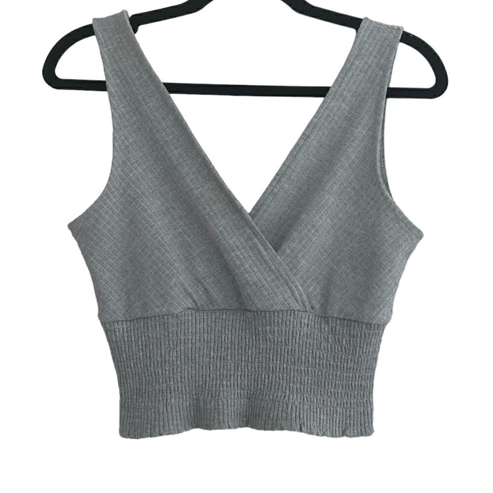Paper Crane Grey Cropped VNeck Ribbed Stretch Wrap Tank Top Women's Size X-Small